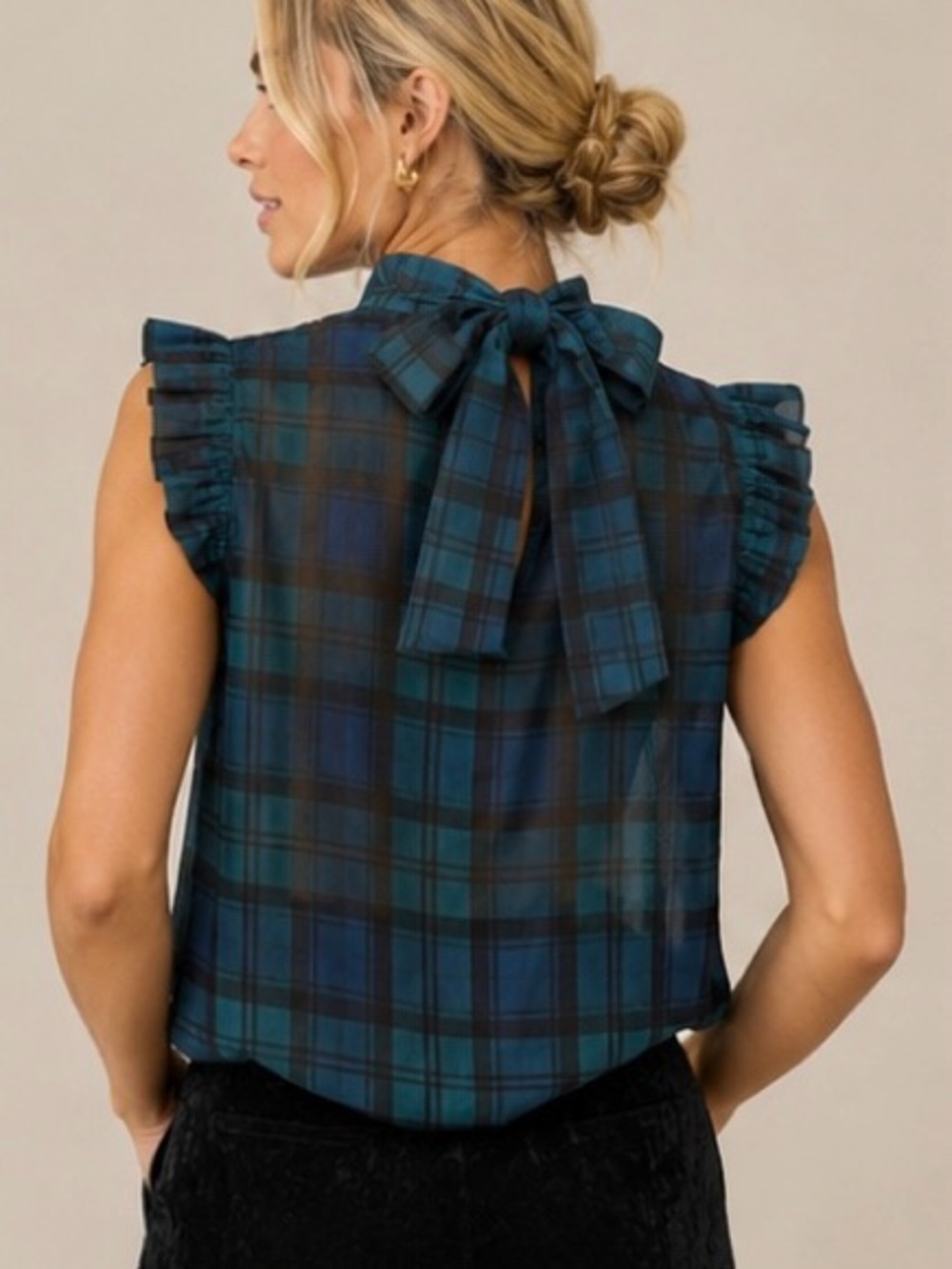 LOFT Black Watch Plaid Sheer Ruffle Bow Blouse – Small - Picture 3 of 8